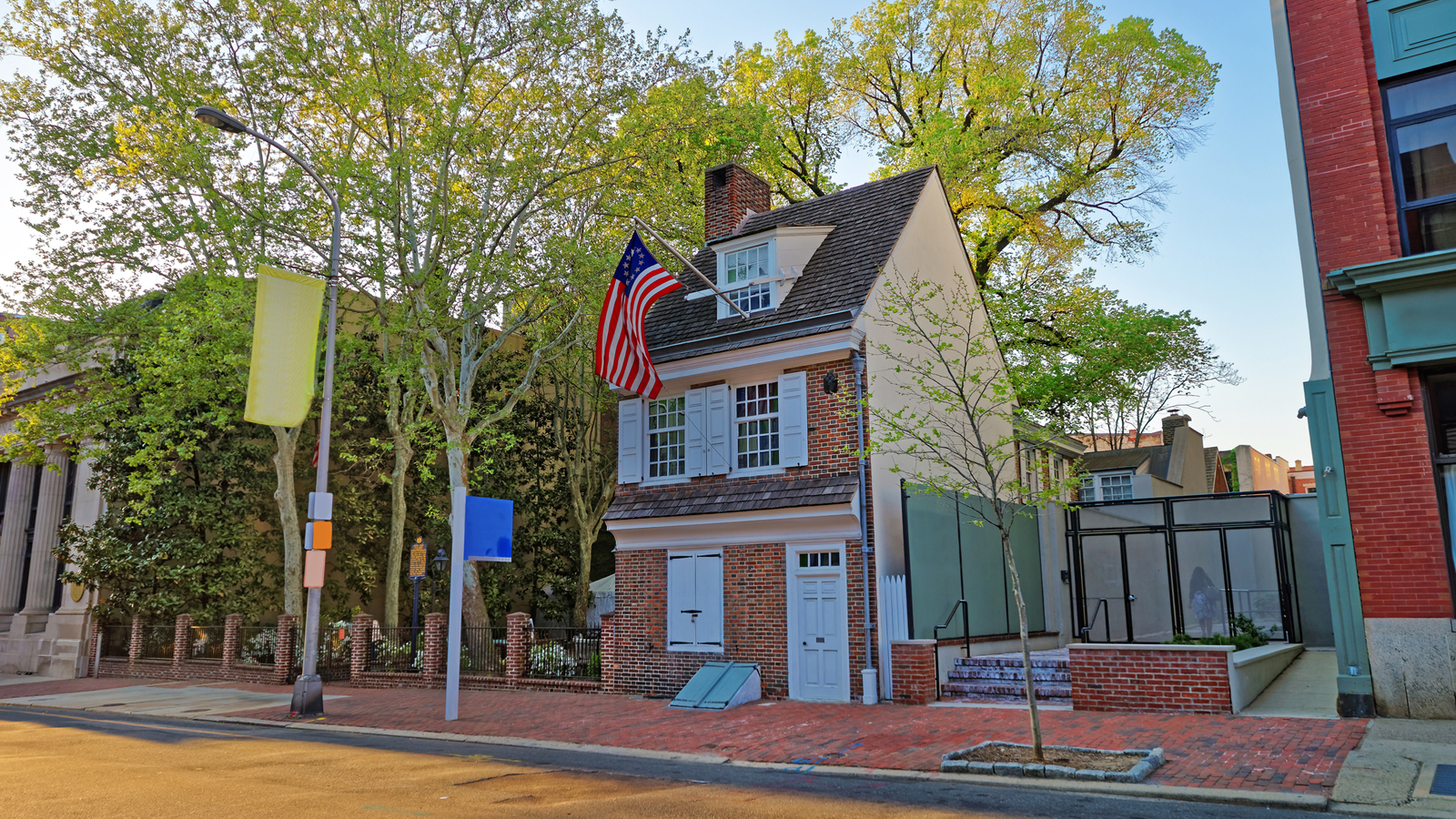 Betsy Ross House In Philadelphia And The Flag Of The United States